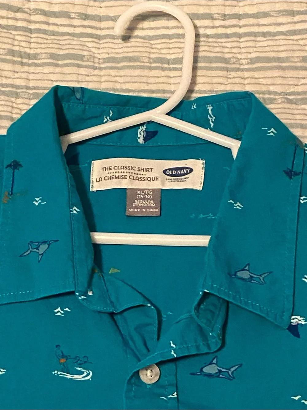 Old Navy Teal Short-Sleeve Button-Down Shirt with Nautical Coastal Print
